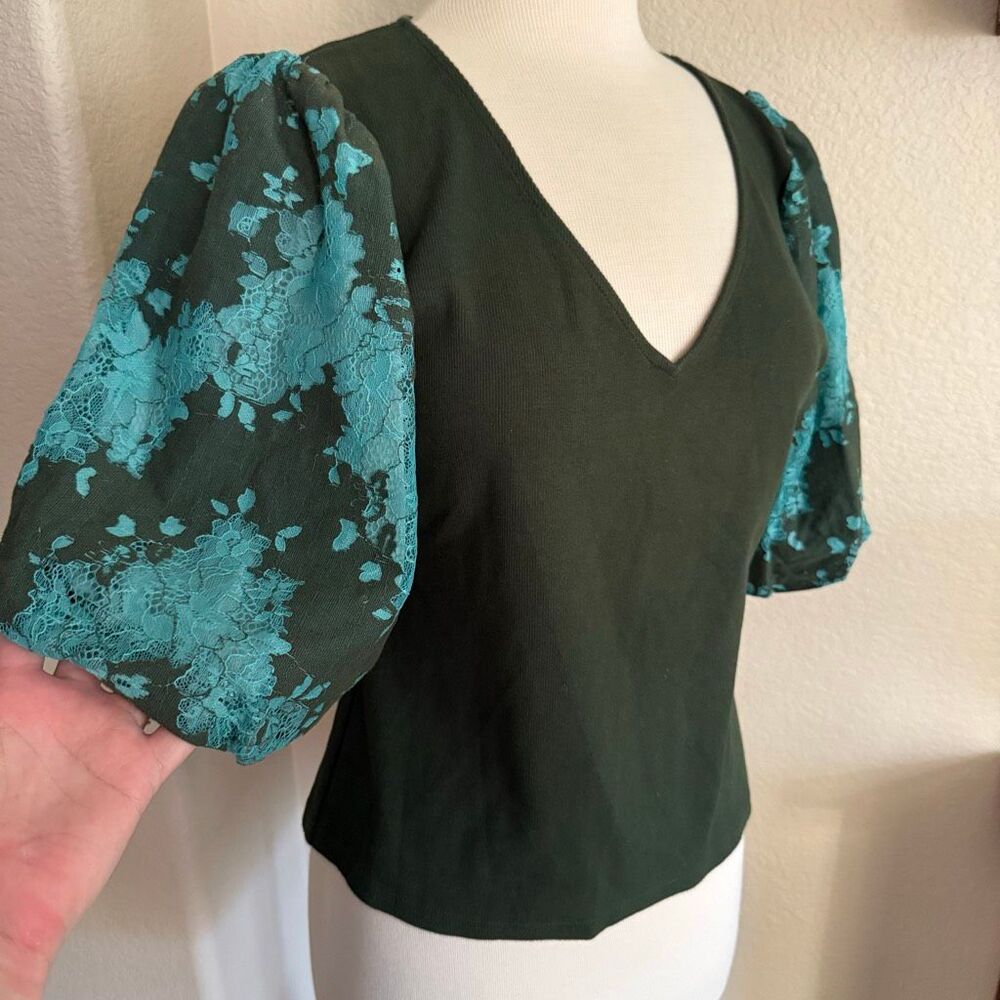 NWOT Anthropologie Dolan Womens V-neck Lace Puff Sleeve Top Holly Green Large - Picture 4 of 15